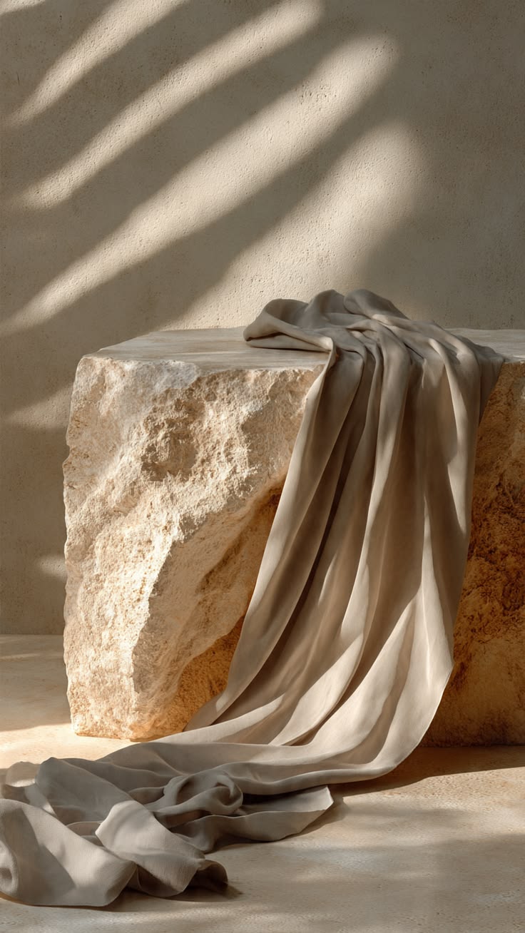 Soft cream fabric draped over a sunlit stone block